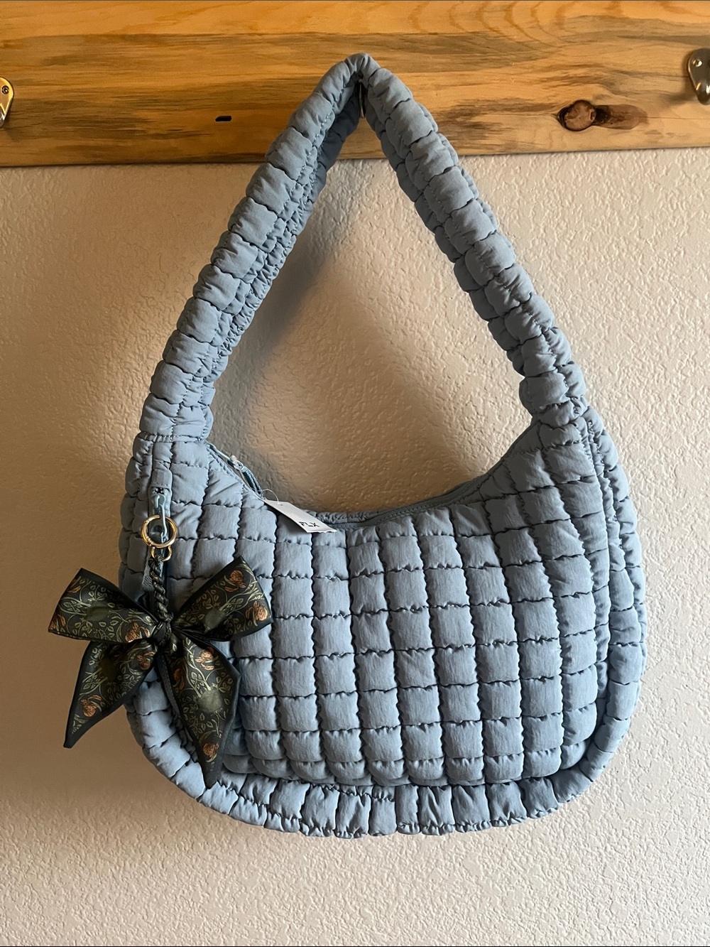 FLX/NWT Puffer Quilted Light Blue Tote Shoulder Bag with Decorative Bow Charm